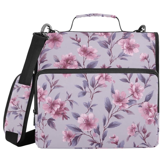 Lavender Leaves and Pink Flowers Binder Bag with Shoulder Strap 3 Ring Zipper Binder File Folder Document Storage