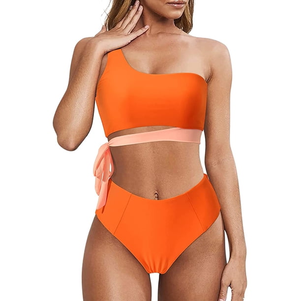 Ribbed One Shoulder High Waisted Bikini Set - Orange main image 1