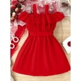 thumbnail image 3 of Kids Girls Dress Solid Color Ruffles Straps Boat Neck Strap Casual Dress Summer Princess Dress with Belt, 3 of 8