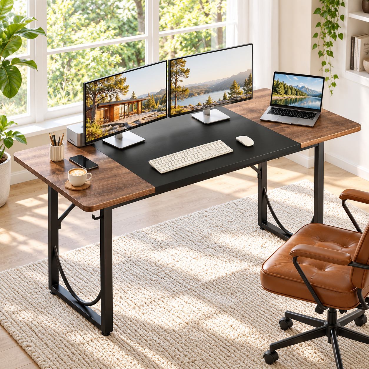 Pinmoco 63" Executive Desk with Metal Frame, Black and Walnut photo 2