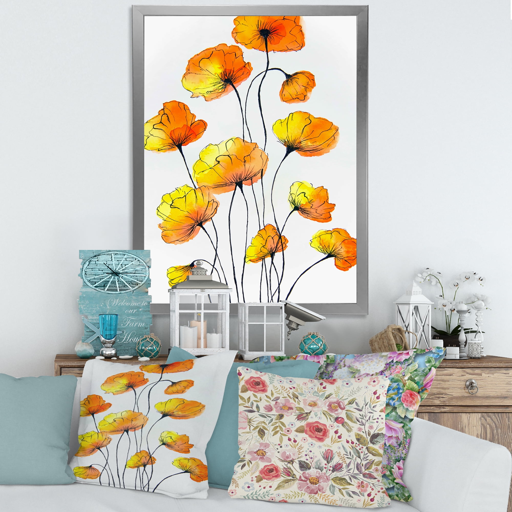 Designart 'Country Yellow Flowers On White' Traditional Framed Art Print