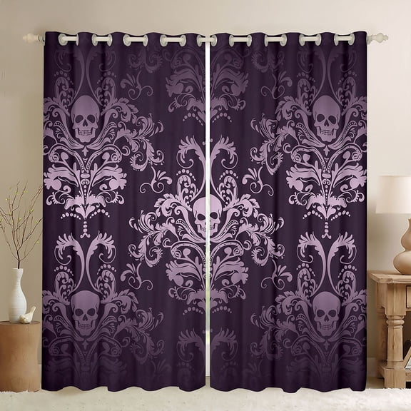 jejeloiu Gothic Damask Curtains (2-Pack 42x63) Skull Purple Bohemian Exotic Ultra Soft Decor For Adults