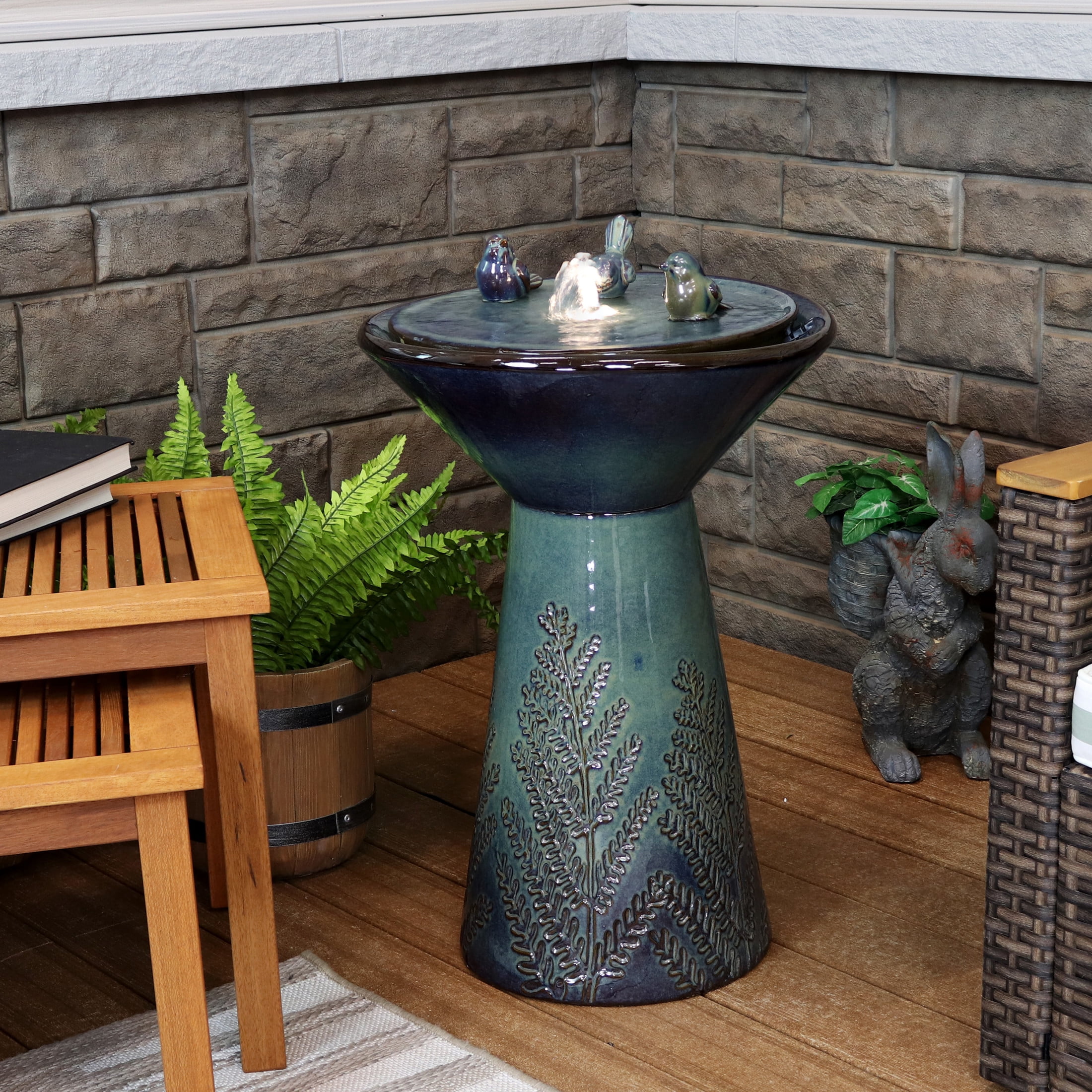 Sunnydaze Gathering Birds Ceramic Outdoor Water Fountain with Light