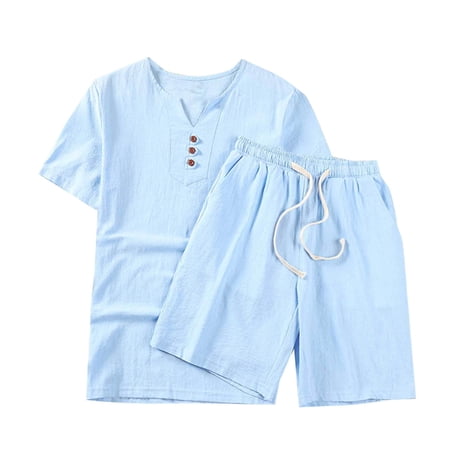 USNSM (M-5XL) Big and Tall Men s Cotton Linen Solid Color Casual Pocket Drawstring Shorts Buttoned Short Sleeve V-Neck Top Set Blue XL