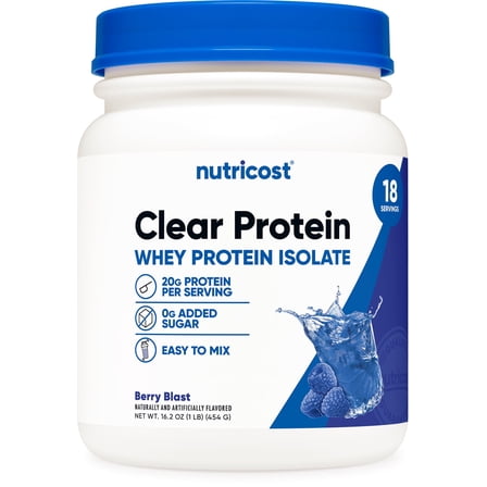 Nutricost Clear Whey Protein Isolate Powder (Berry Blast) 1 LB - 20g of Protein, 0g Added Sugar, GMO-Free, Gluten-Free