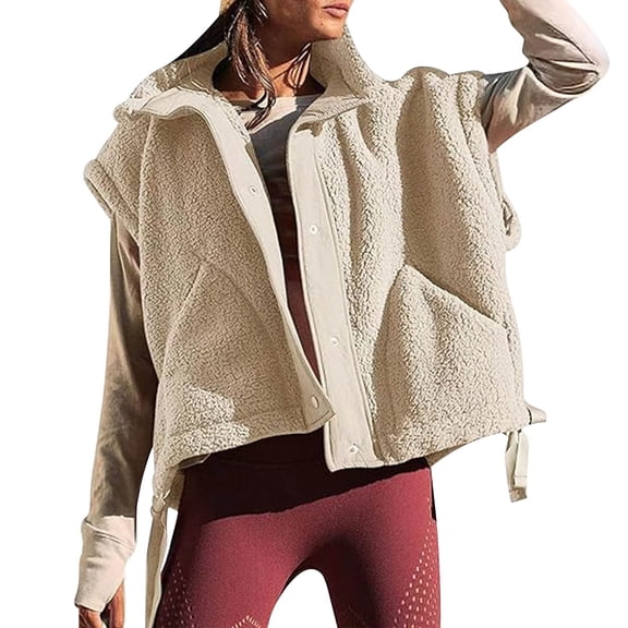 Breezora Autumn Winter Wool Blend Pocket Vest Sleeveless Casual Layering Piece for Everyday Outfits L Size Beige