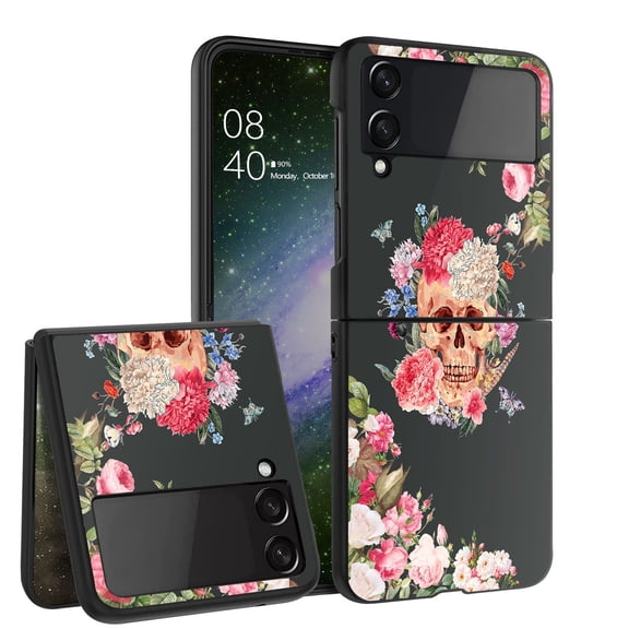 ANJ  Hard Protective Printed Case Cover Compatible with Samsung Galaxy Z Flip 4 - Flower Skull
