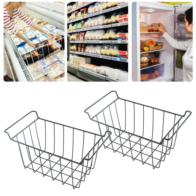 2Pcs Freezer Wire Storage Basket Hanging Baskets Food Storage PE Coated Hanging Rack Organizer Bin Black for Kitchen Refrigerator Shelves