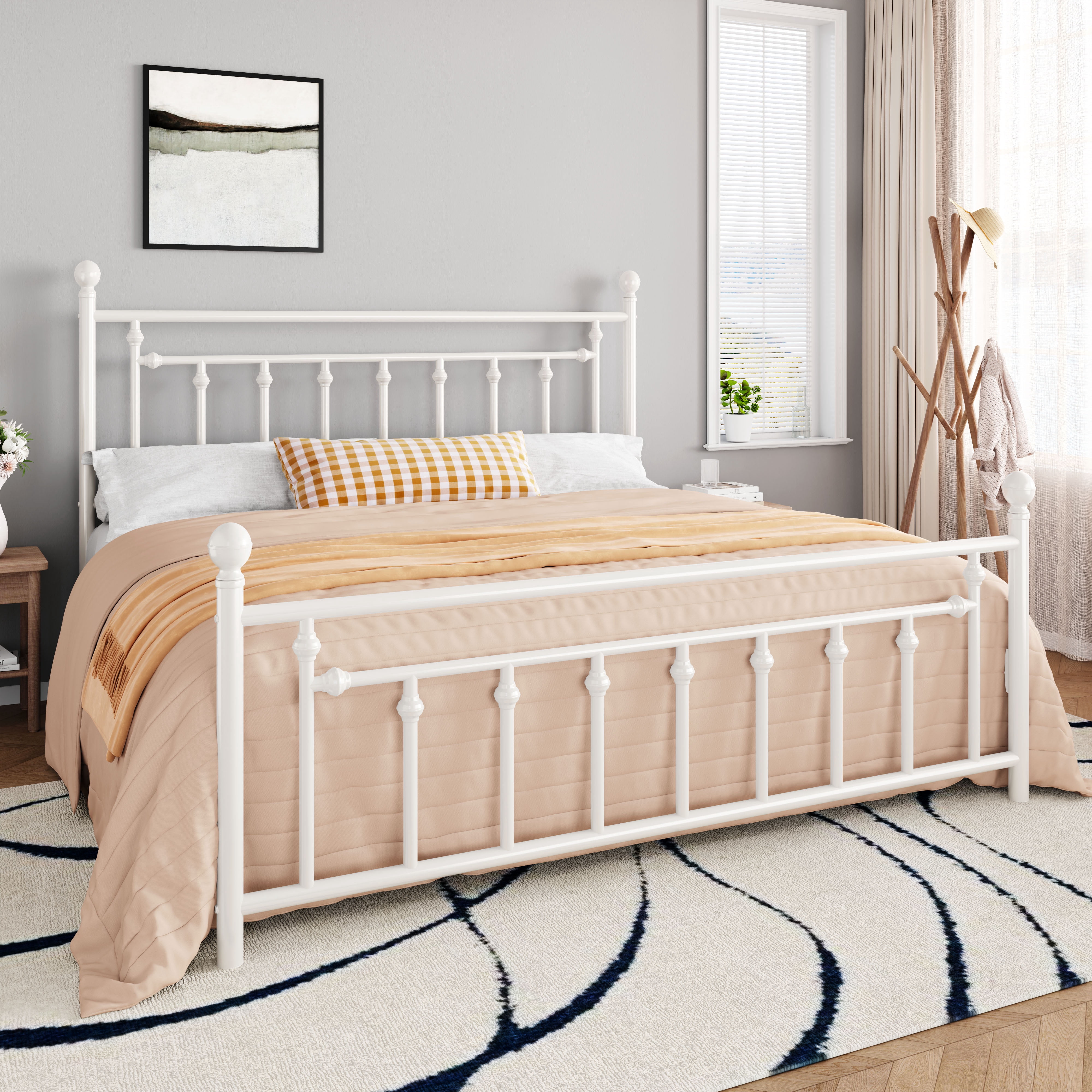 Amolife King Bed Frame, Metal Platform Bed with Vintage Headboard & No Box Spring Needed, White