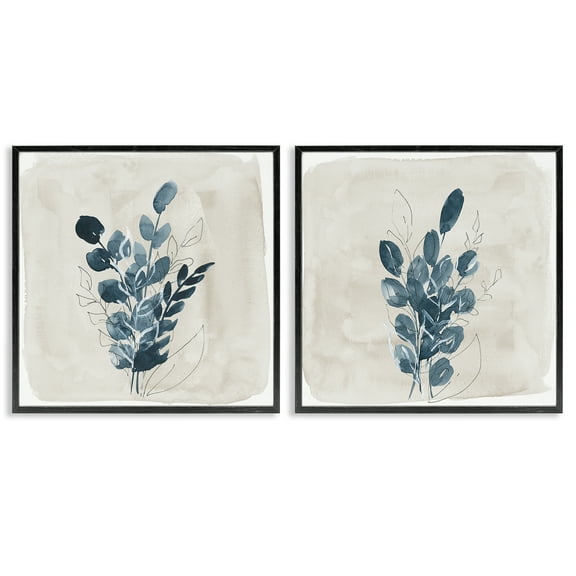 Stupell Industries Blue Summer Leaves Plants & Flowers Painting Black Framed Art Print Wall Art, 12 x 12, Set of 2