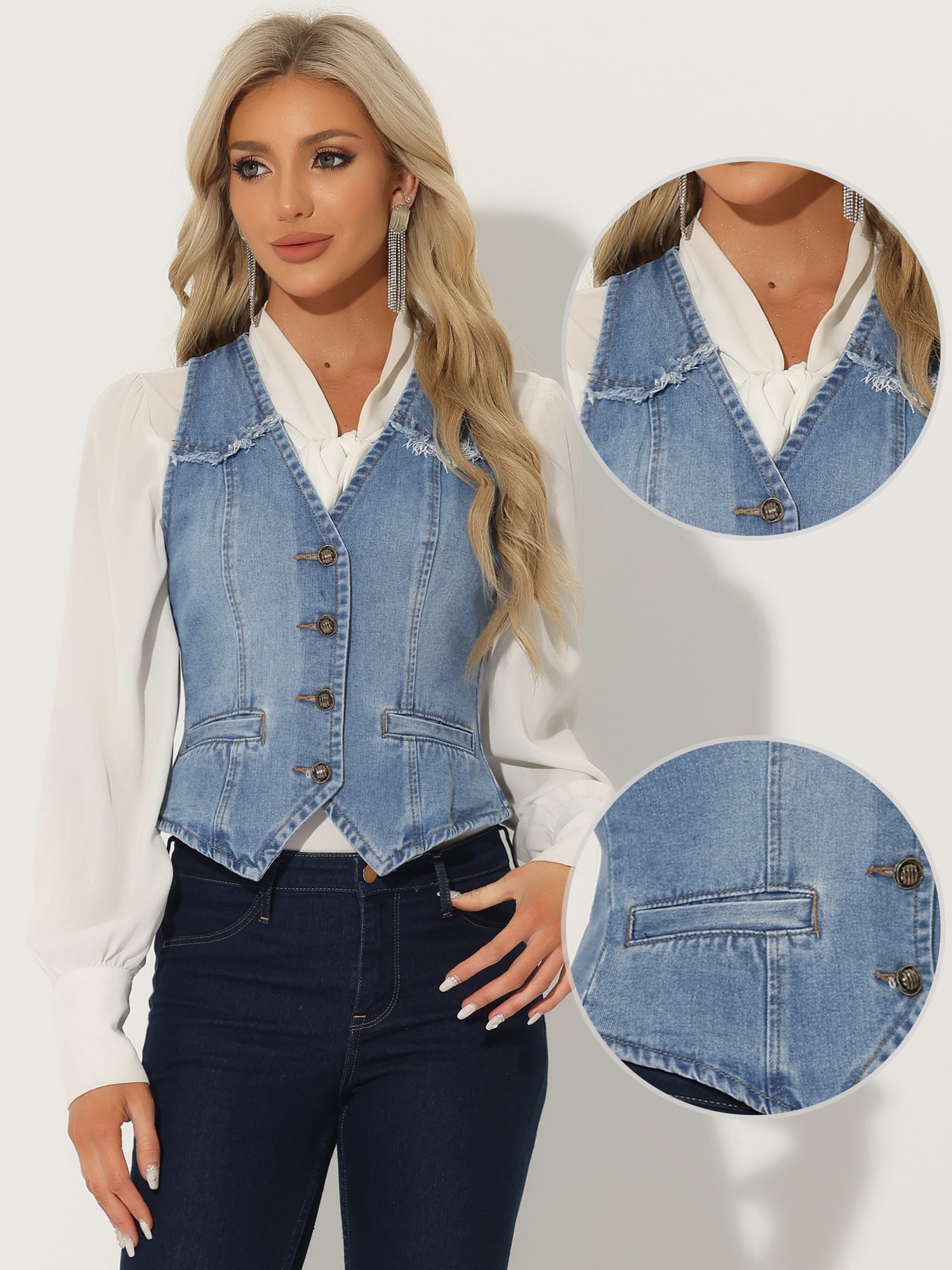 DARING DIVA Women's Denim Vest Washed Distressed Jean Jacket XL Light Blue