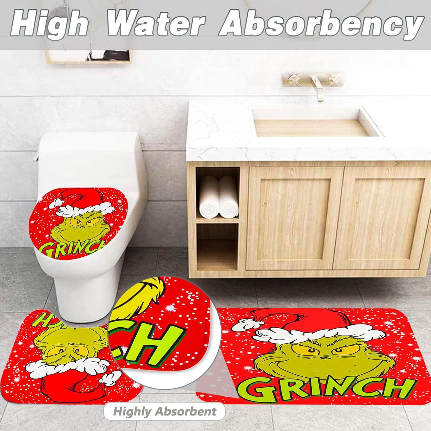 PONGUI 4 Pcs Christmas Bathroom Set, Christmas Shower Curtain Sets, Shower Curtain Non-Slip Rugs Toilet Lid Cover and Bath Mat Set, Christmas Holiday Bathroom Decor, 72x72 Inches, with 12 Hooks