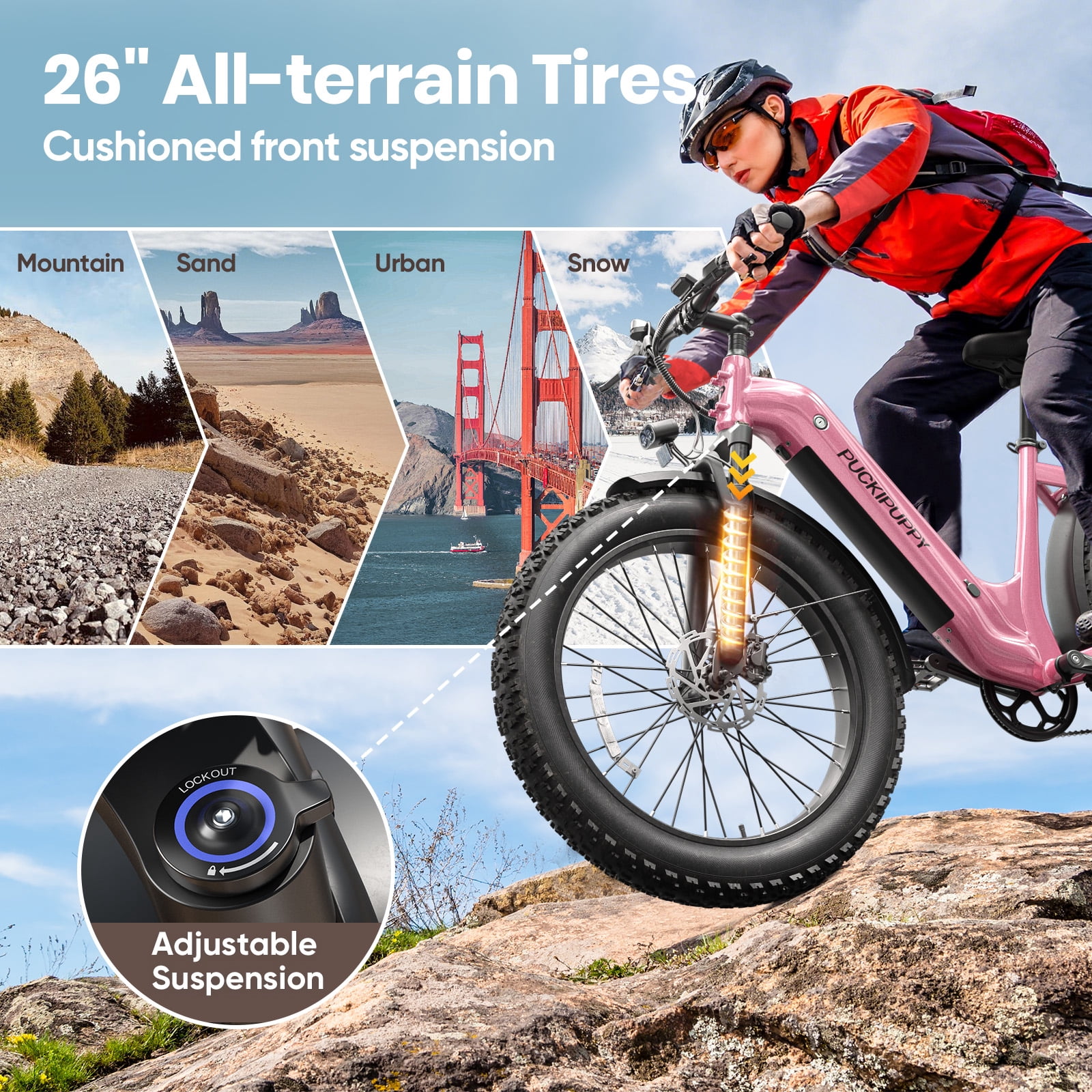 PUCKIPUPPY 960W Peak Electric Bike for Adults Step Through E-Bike 28mph Max Speed 60Miles Range 26" Fat Tire Electric Mountain Bike 48V 15AH Battery 7 Speed off-Road Ebike, Comply with UL2849 By SGS