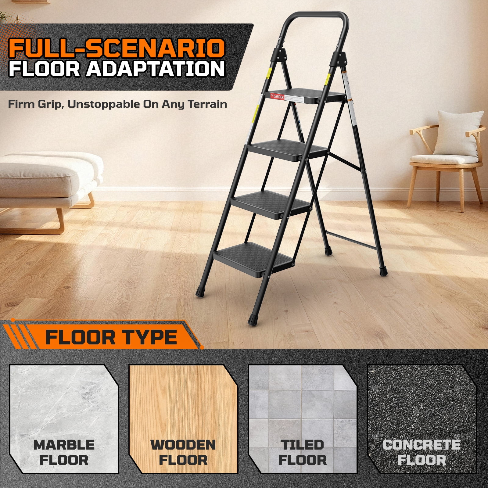 ASoopher 4 Step Ladder with Anti-Slip Pedal, Sturdy Steel Ladder, Black