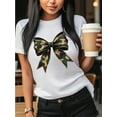 thumbnail image 1 of Women's Camo Bow Graphic Print T-Shirt, Short Sleeve Crew Neck Casual Top for Spring & Summer, Cotton, Green with Stylish Camouflage Pattern, Relaxed Fit Tee | Casual Chic Style | Machine Washable To, 1 of 6