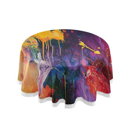 

60 Round Tablecloth with White Lace Trim Wrinkle & Heat-Resistant Table Cover for Dining and Home Decor Red Abstract Painting