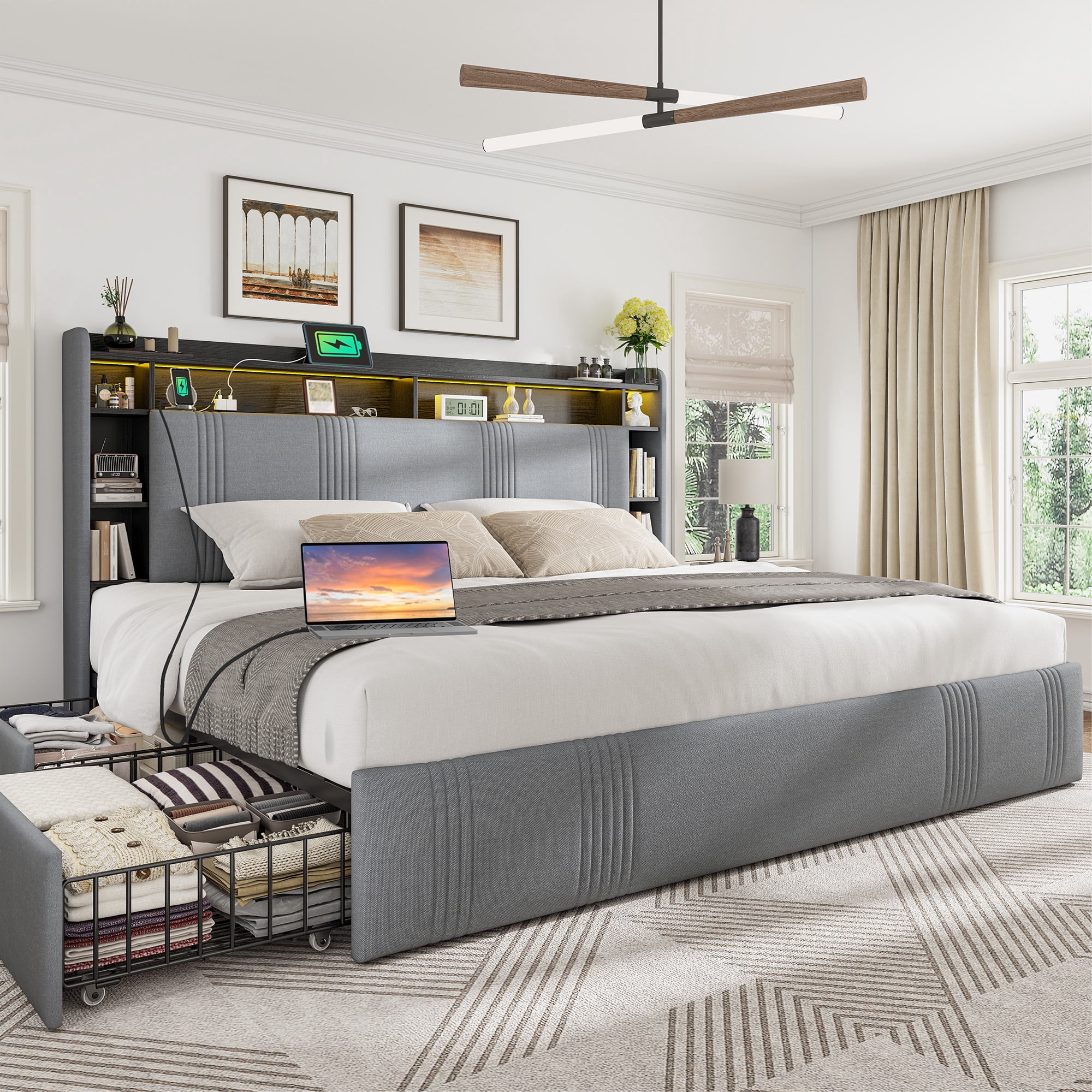 EnHomee King Size Bed Frame with 4 Drawers & 3-Tier Storage Shelf Upholstered Bed Frame King with Headboard & LED Lights & Charge Station,Gray