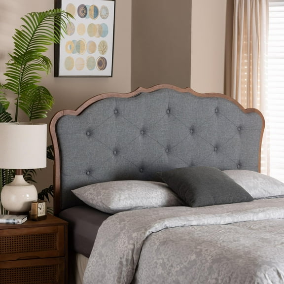 Baxton Studio Leandra Classic and Traditional Grey Fabric and Walnut Brown Finished Wood Queen Size Headboard