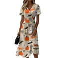 thumbnail image 2 of Womens Halloween Dresses Bat Pumpkin Short Sleeve Spooky Dresses Ghost Spider Webeb V Neck Horror Midi Dresses, L, 2 of 5