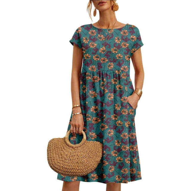 Vestido midi Zhyaj con cuello redondo y manga corta holgado, túnica de algodón
