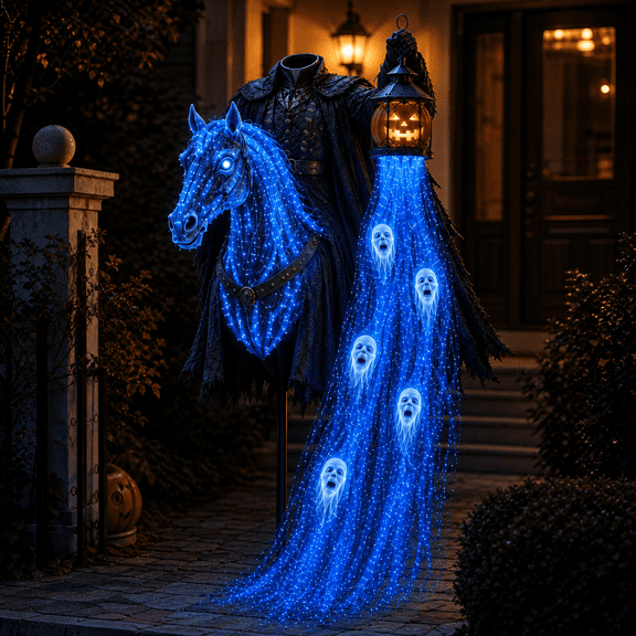 Halloween Headless Horseman Yard Stake, Light Up Ghost Decoration with Pumpkin Lantern and Blue Lights for Lawn Pathway, 23.6 in