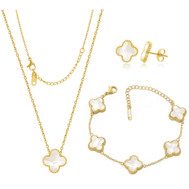 BLUEW Four Leaf Lucky Clover Jewelry Set, Pendant Necklace, Earrings, Bracelet for Women, 18K Gold Plated Stainless Titanium Steel, Mother-of-Pearl