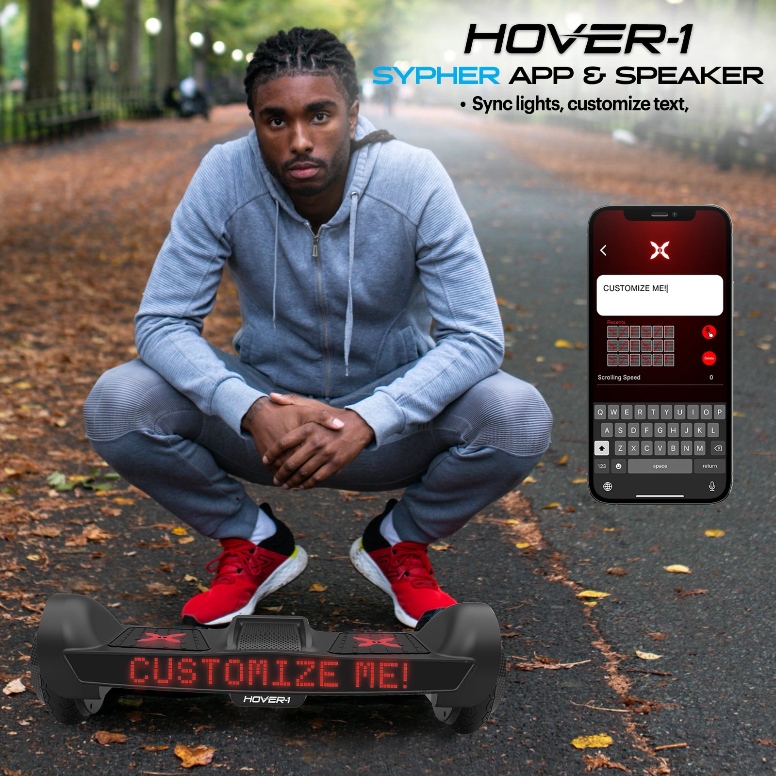 Hover-1 Sypher Electric Hoverboard with Customizable Screen for Teens, 7 mph Max Speed, Black