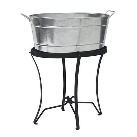 Achla C-51-S1 Classic Oval Galvanized Tub with Folding Stand, Galvanized Steel & Black