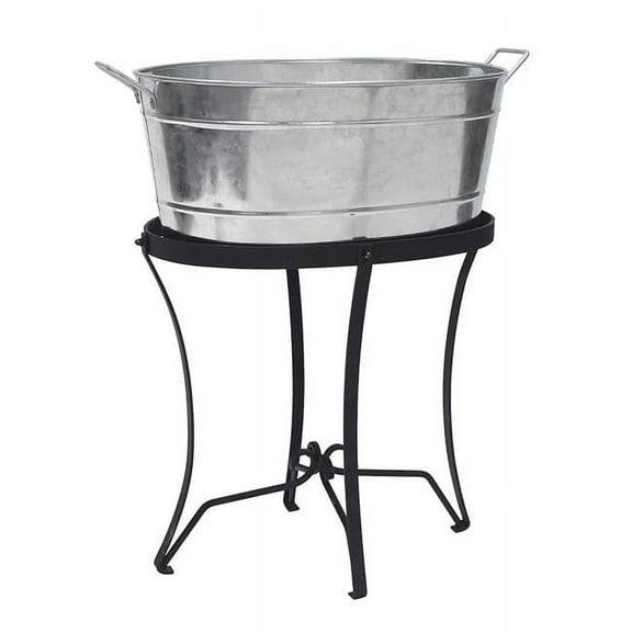 Achla C-51-S1 Classic Oval Galvanized Tub with Folding Stand, Galvanized Steel & Black
