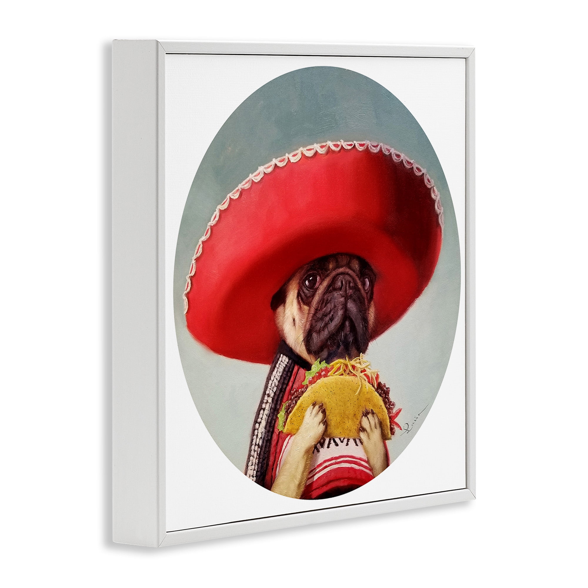 Stupell Industries Pug in Sombrero with Taco Animals & Insects Painting White Framed Art Print Wall Art, 17 x 17