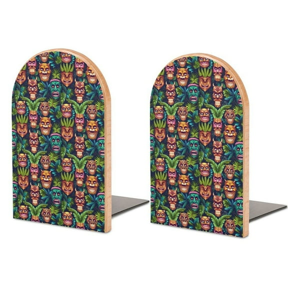 Hawaiian Tiki Masks Tropical Wood Book Ends for Shelves Non-Skid Book Holders Heavy Duty Book Stand Support for Books and Movies