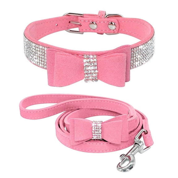 Mumup Rhinestone Bling Leather Dog & Cat Collar - Flocking Sparkly Crystal Diamonds Studded - Cute Double Bowknot for Pet Show & Daily Walking