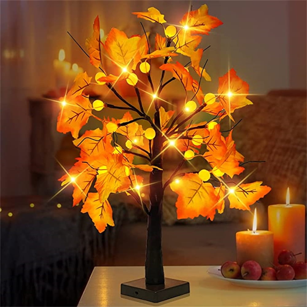 Kepooman 24 inch Prelit Maple Tree with Timer 24 Pumpkin Lights, Maple Leave Tree for Fall Decor Autumn Decoration Holiday Decorations, Pumpkin Decor for Indoor Home Table Decorations, Warm White