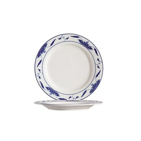 

Blue Lotus Plate Rolled Edge 10-1/4 Dia. X 1-1/8 H Porcelain Bone White Blue Rim 8 packs