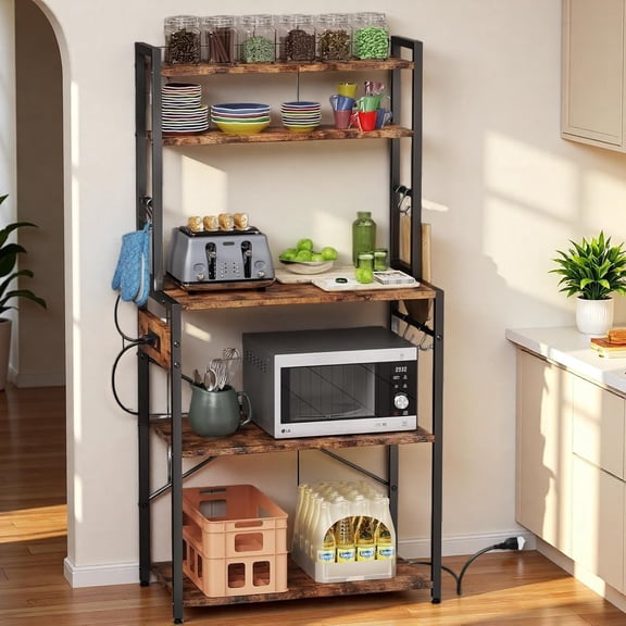 YANGLI 5 Tier Kitchen Bakers Rack with Power Outlet, 25.2 Inch Metal Storage Shelf