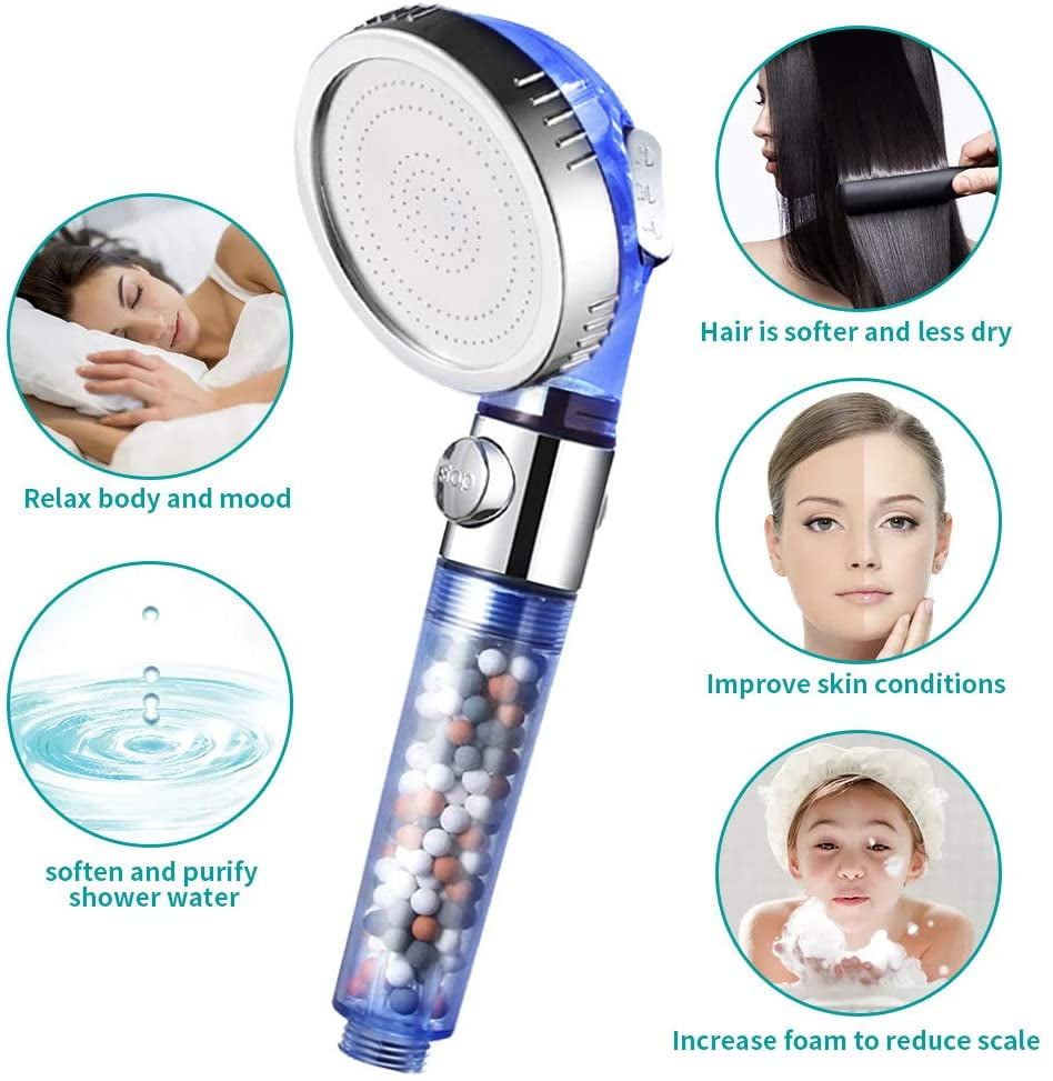 Blue Zenbody Shower Head with Filter Beads, 3 Modes Shower Envy
