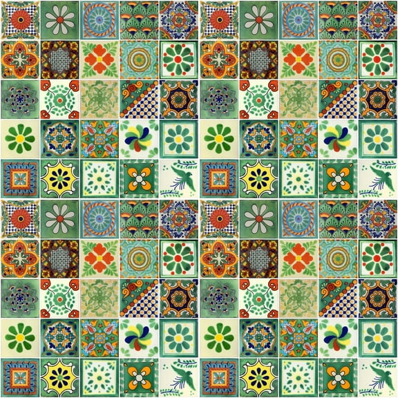 Color y Tradicion 4x4 Handpainted Talavera Tiles – 100 pack – Green Assorted Mexican Designs