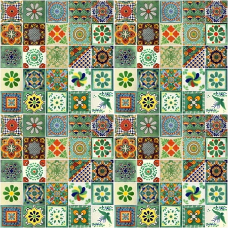 Color y Tradicion 4x4 Handpainted Talavera Tiles – 100 pack – Green Assorted Mexican Designs