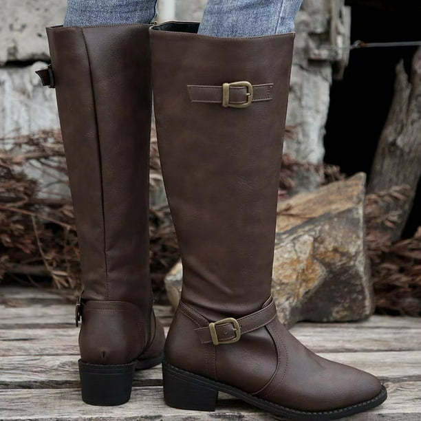 Bottes D'équitation À Talons Hauts Pour Femme, Chaussures Carrées Longues Avec Fermeture Éclair