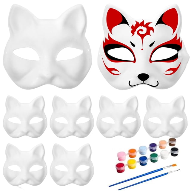 Máscara Therian Awleynz con forma de gato blanco para pintar, 15 unidades con correa de papel