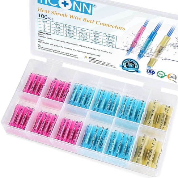 TICONN 100pc Heat Shrink Butt Wire Connectors, Waterproof Crimp Terminal Kit