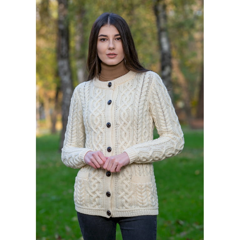 SAOL 100% Merino Wool Women's Aran Button Up Cable Knit Cardigan Sweater  Irish Lumber Jacket with Pockets Made in Ireland