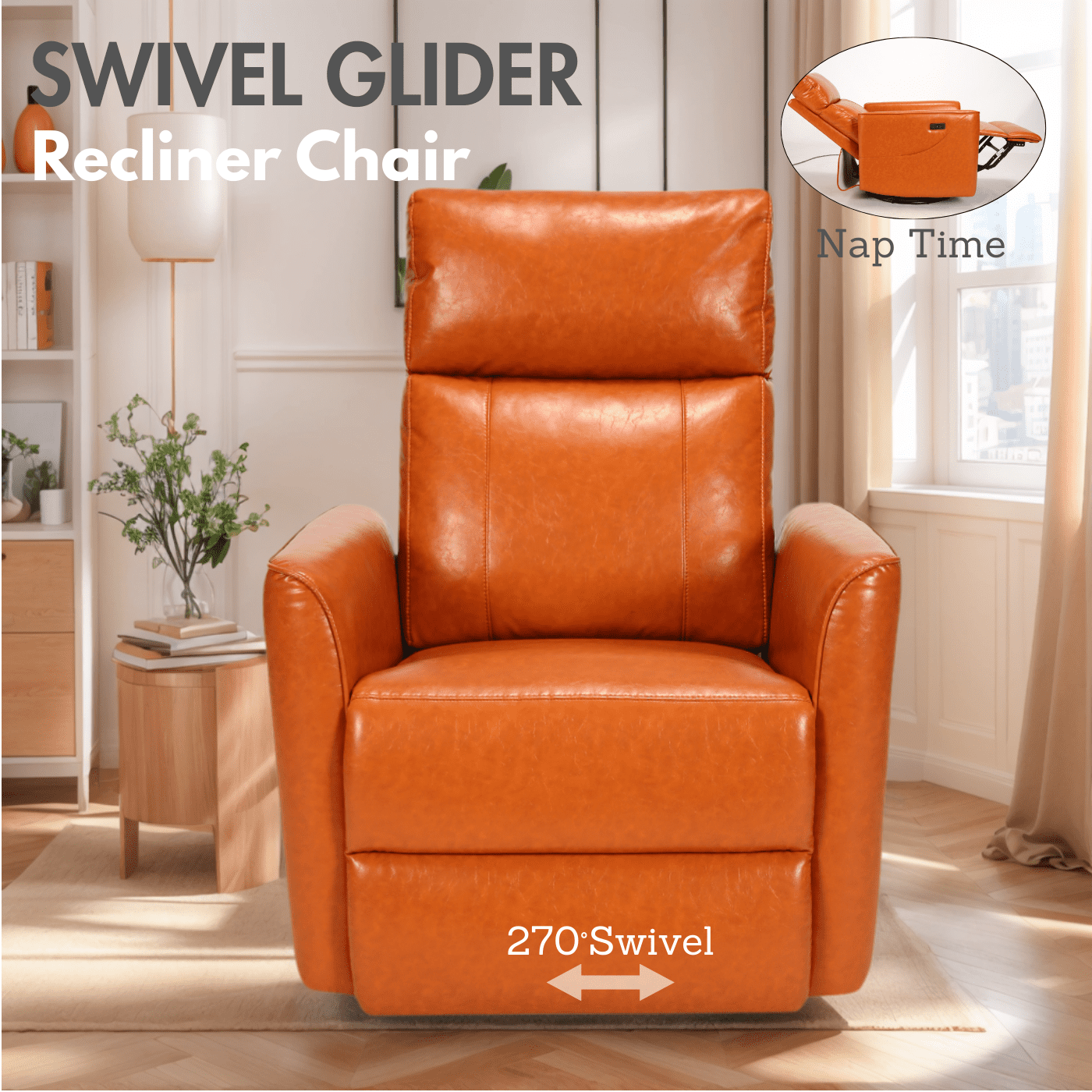 Legooin Multi-Function Power Recliner Chair with 8-Point Massage & Heat - 270° Swivel Rocker with USB Charging, Faux Leather Nursery Chair for Baby Adult, Orange Brown