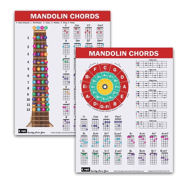 QMG Mandolin Chord & Scale Chart – Major, Minor, 7th & Minor 7th Chords, 7 Scales, Circle of Fifths, Laminated 8.5”x11”, Made in USA