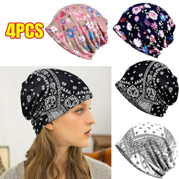 4PCS Womens Chemo Headwear Hats Cotton Slouchy Beanie Cap Scarf