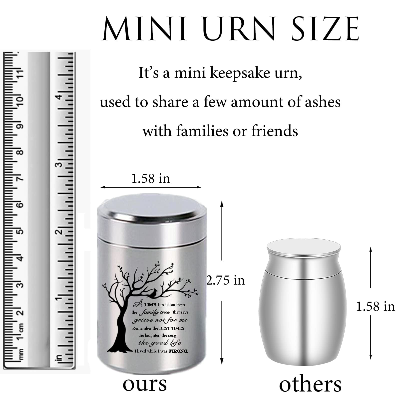 Small Urns for Ashes - Set of 4，2.7 inch High Quality Aluminium Mini Urns, Cremation Urns for Human/Pet Ashes,Ashes Holder,Small Keepsake urns--A LIMB has fallen from the family tree,Black&Silver