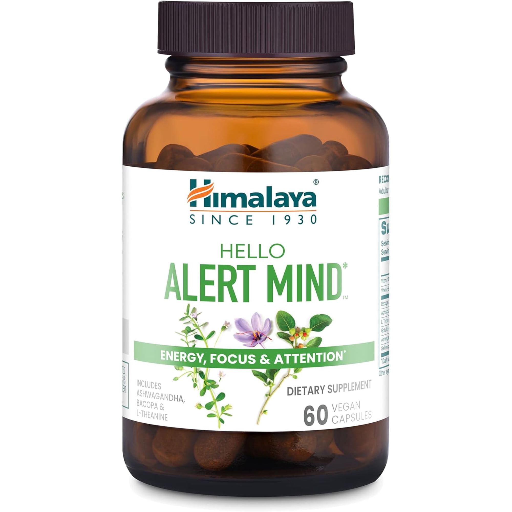 Himalaya Hello Alert Mind with Ashwagandha & L-Theanine for Energy, Focus and Attention, 60 Capsules