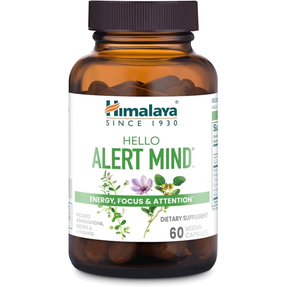 Himalaya Hello Alert Mind with Ashwagandha & L-Theanine for Energy, Focus and Attention, 60 Capsules