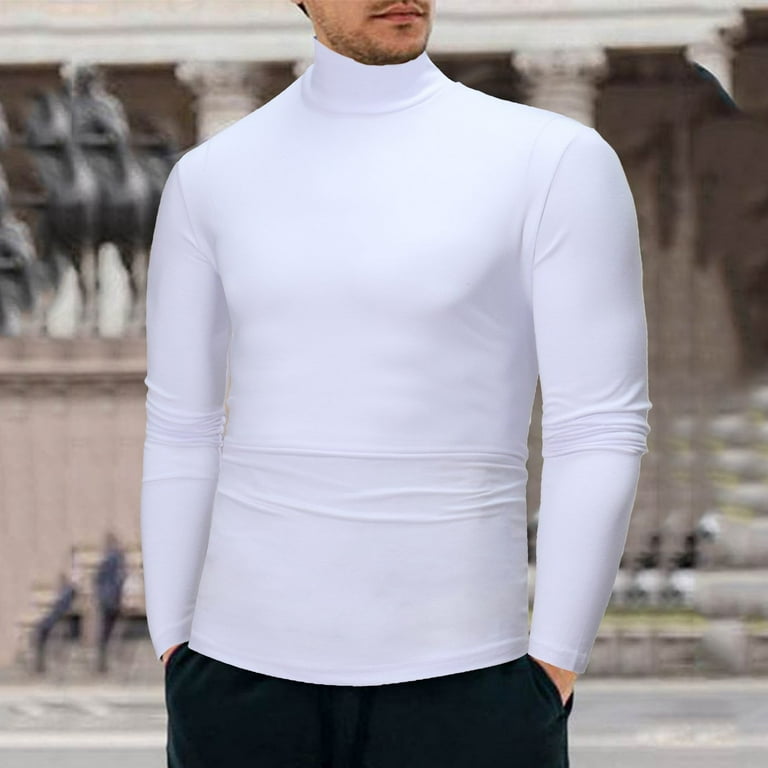 Ploknplq Men's Leisure Compression Shirt Brush Solid Relaxed Fit Hip Length  Turtleneck Long Sleeve Pullover Style White S 