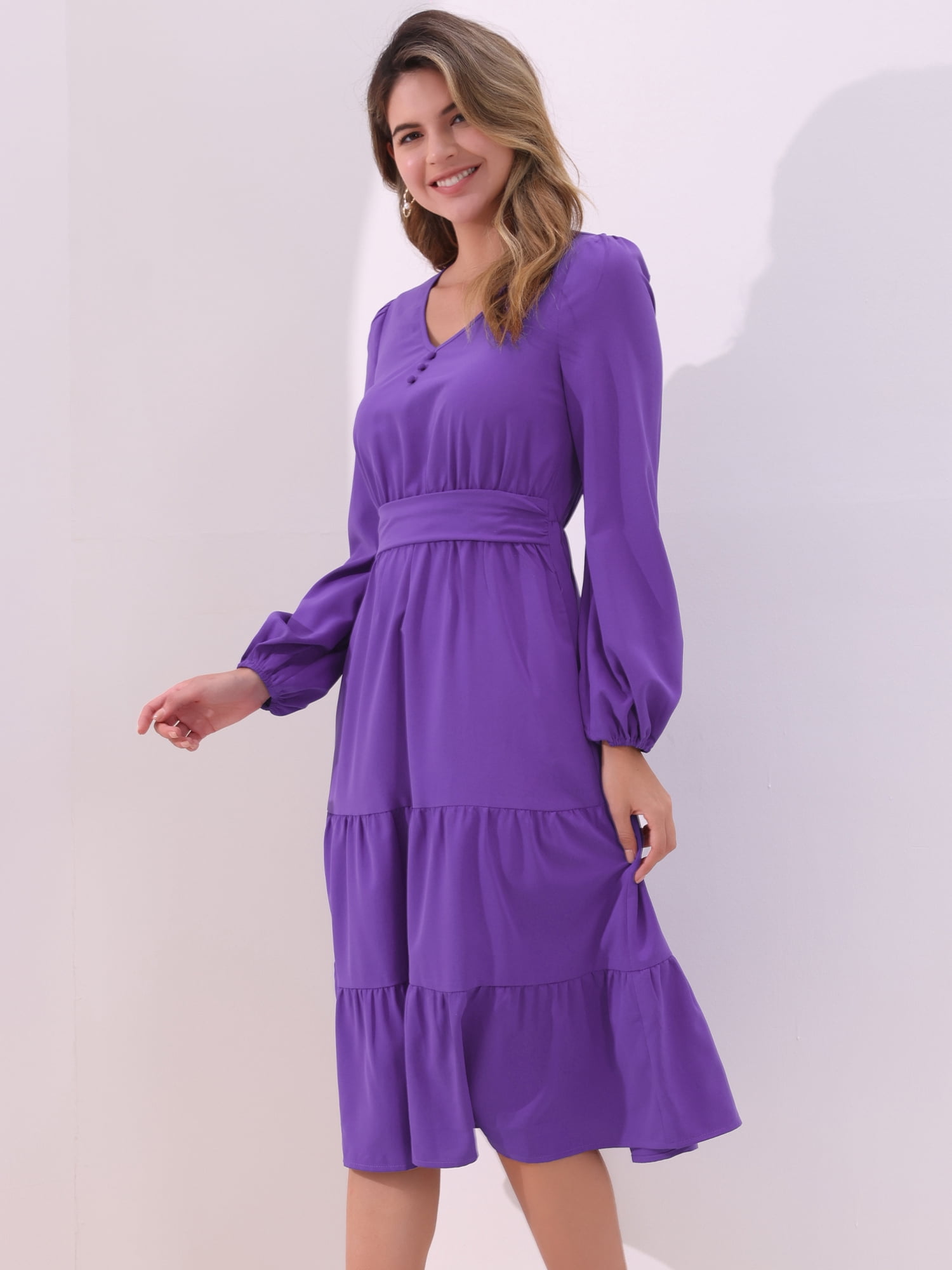 DARING DIVA V Neck Long Sleeve Ruffle Flowy Midi Dress S Purple